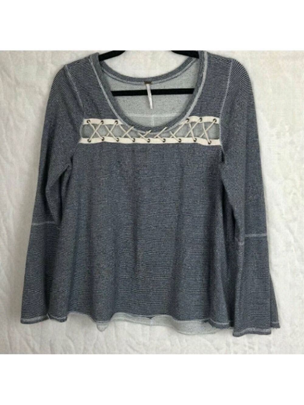 Free People Blue  and White Striped Sweatshirt Size S